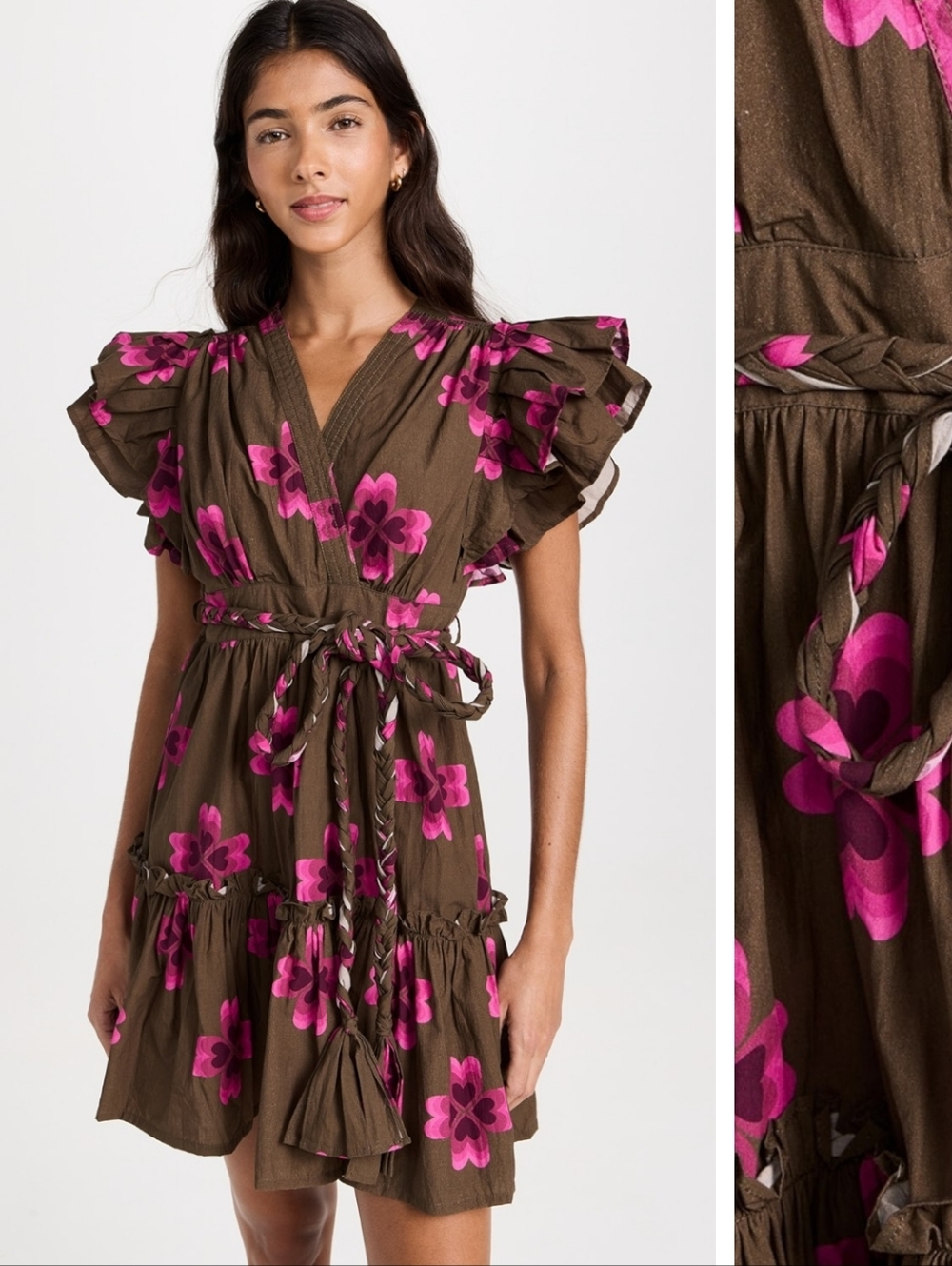 NWT TRUTH Brown Floral Issa Belted Dress Women's Size XS 100% Cotton